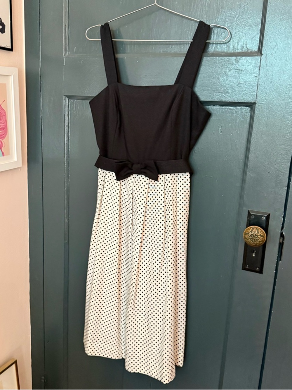 Vintage Black & White Polka Dot Midi Dress with Waist Bow